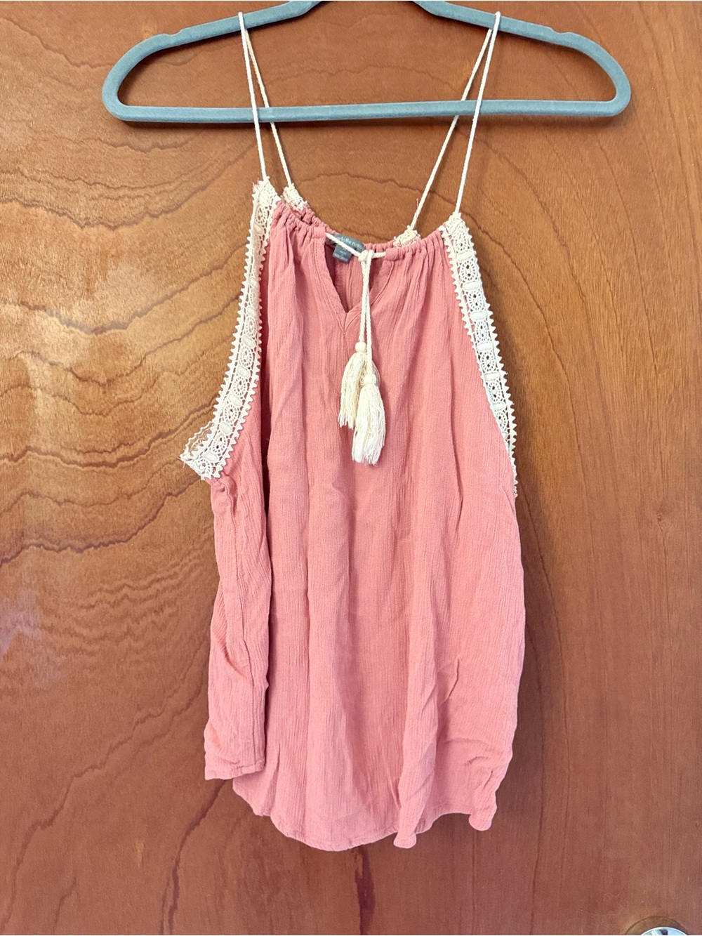 Charlotte Russe Pink Spaghetti Strap Tassel Cami with Cream Lace Trim